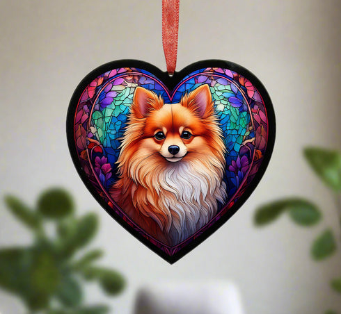 Pomeranian Stained Glass Effect Heart Suncatcher